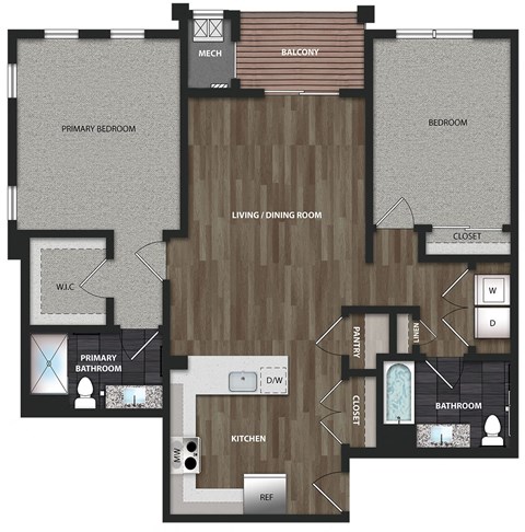 Floor plan for 2 beds, 2 baths, 1290 sqft