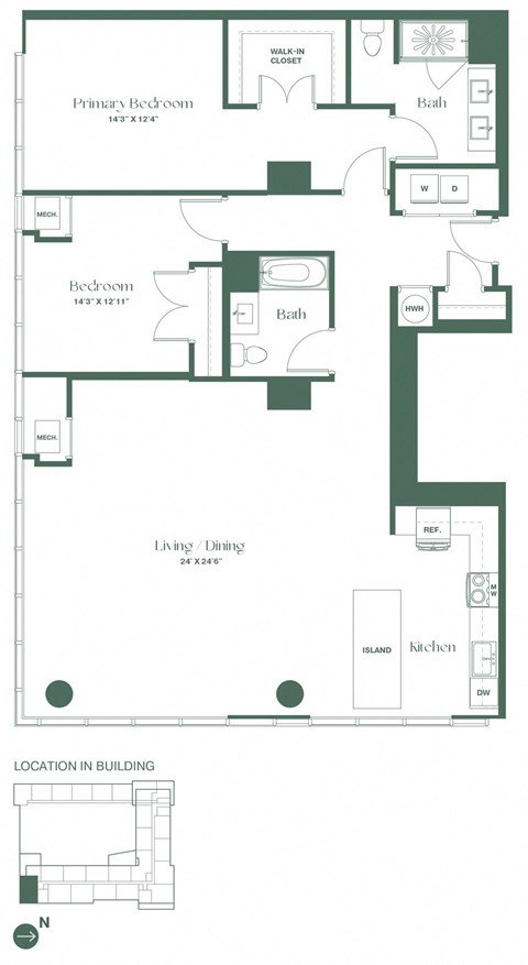 Floor plan for 2 beds, 2 baths, 1740 sqft