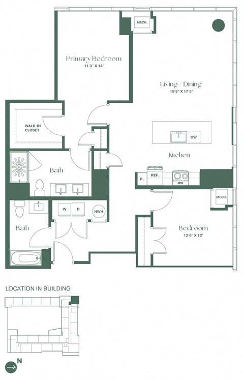 Floor plan for 2 beds, 2 baths, 1360 sqft