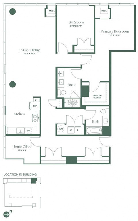 Floor plan for 2 beds, 2 baths, 1750 sqft