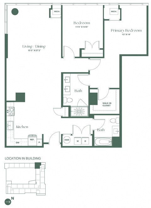 Floor plan for 2 beds, 2 baths, 1455 sqft
