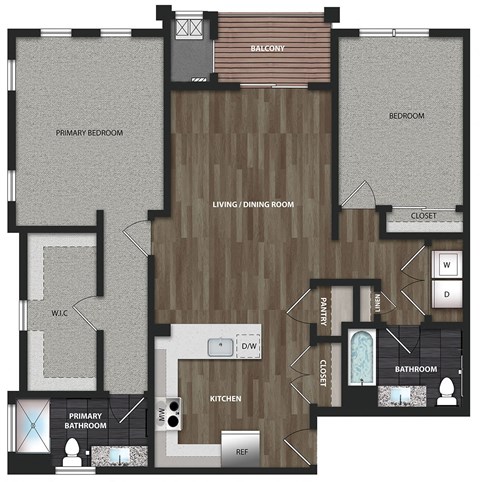 Floor plan for 2 beds, 2 baths, 1388 sqft