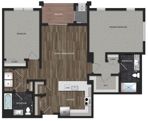 Floor plan for 2 beds, 2 baths, 1257 sqft