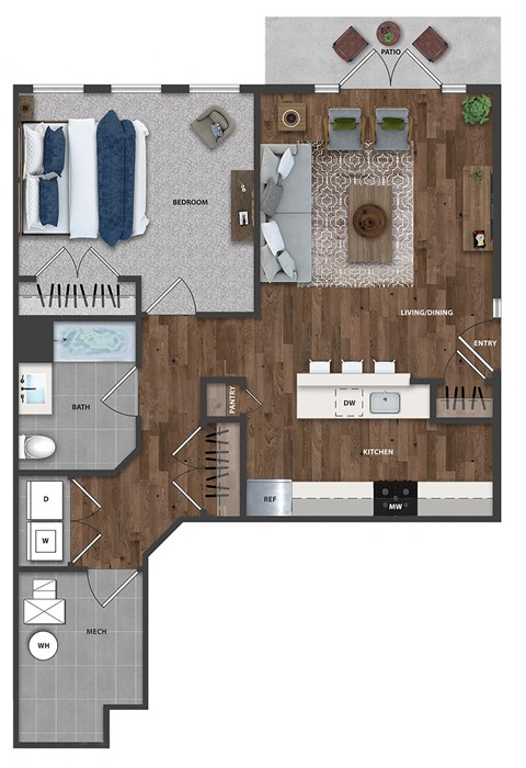Floor plan for 1 bed, 1 bath, 828 sqft
