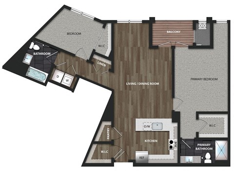 Floor plan for 2 beds, 2 baths, 1306 sqft