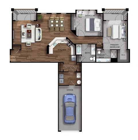 Floor plan for 2 beds, 2 baths, 1455 sqft