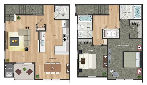 Floor plan for 2 beds, 2.5 baths, 1221 sqft
