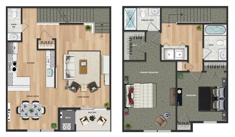 Floor plan for 2 beds, 2.5 baths, 1290 sqft