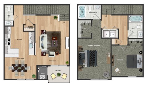 Floor plan for 2 beds, 2.5 baths, 1242 sqft