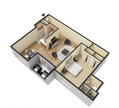 Floor plan for 2 beds, 2 baths, 1043 sqft