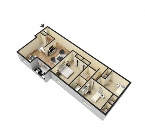 Floor plan for 3 beds, 2 baths, 1240 sqft