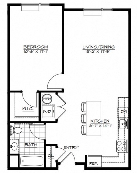 Floor plan for 1 bed, 1 bath, 819 sqft