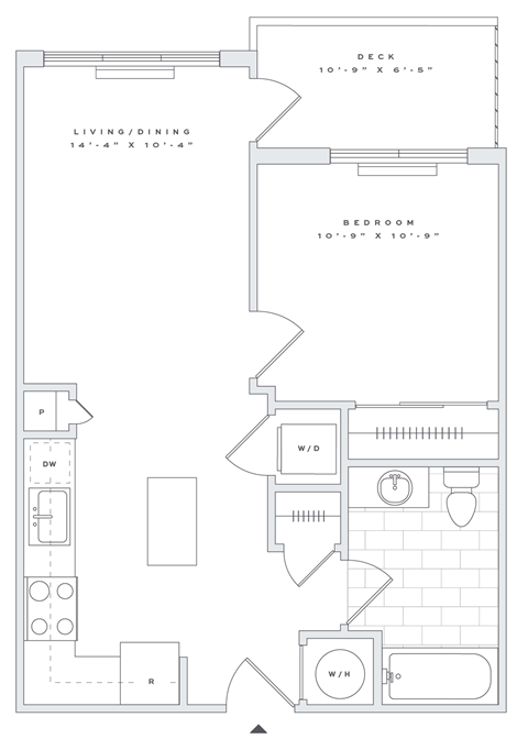 Floor plan for 1 bed, 1 bath, 606 sqft