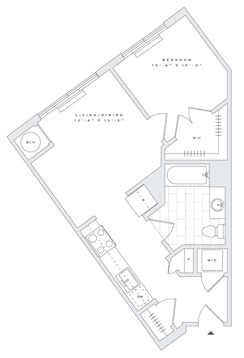 Floor plan for 1 bed, 1 bath, 636 sqft