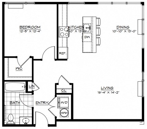 Floor plan for 1 bed, 1 bath, 961 sqft