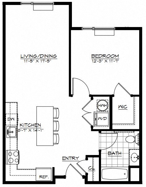 Floor plan for 1 bed, 1 bath, 750 sqft