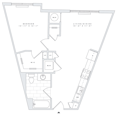 Floor plan for 1 bed, 1 bath, 665 sqft
