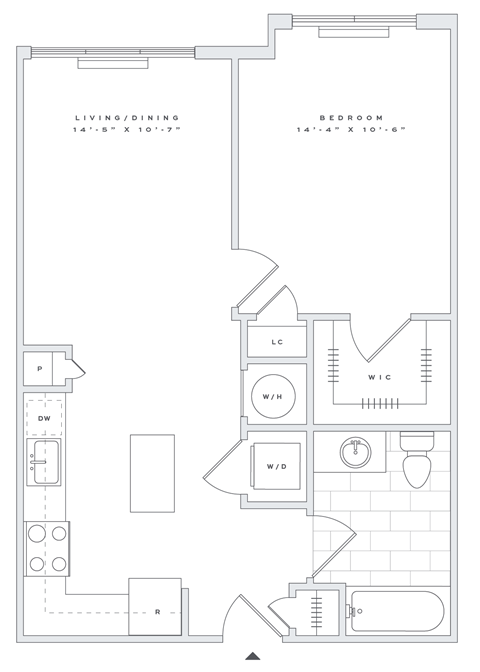 Floor plan for 1 bed, 1 bath, 669 sqft