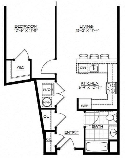 Floor plan for 1 bed, 1 bath, 741 sqft