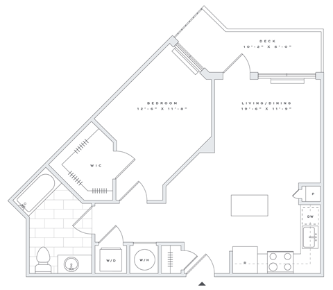 Floor plan for 1 bed, 1 bath, 699 sqft