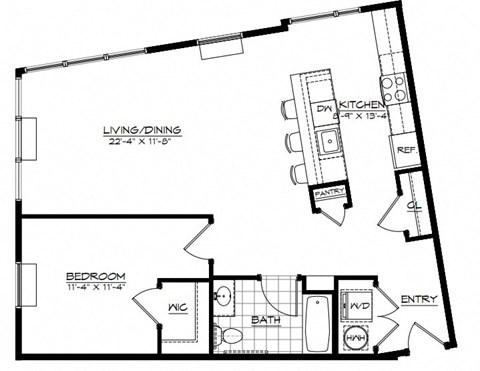 Floor plan for 1 bed, 1 bath, 976 sqft