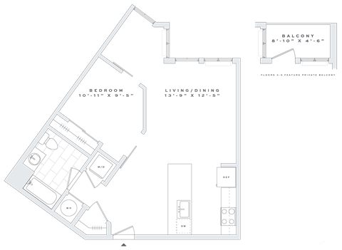 Floor plan for 1 bed, 1 bath, 703 sqft