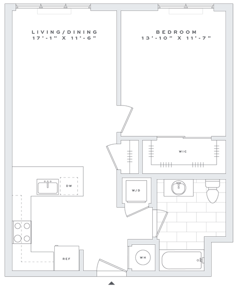 Floor plan for 1 bed, 1 bath, 724 sqft