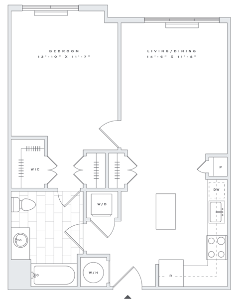 Floor plan for 1 bed, 1 bath, 740 sqft