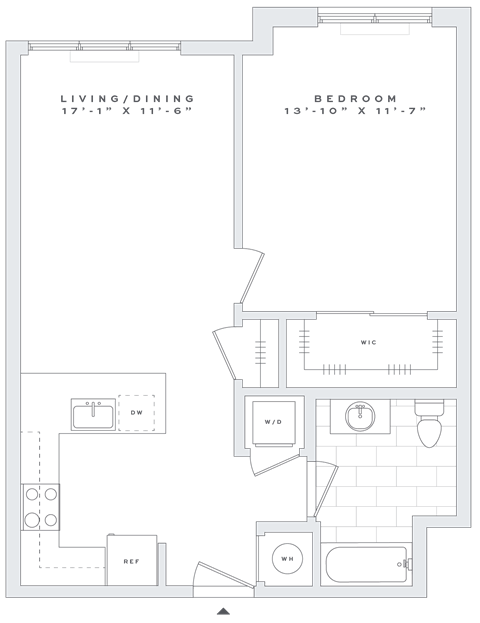 Floor plan for 1 bed, 1 bath, 740 sqft