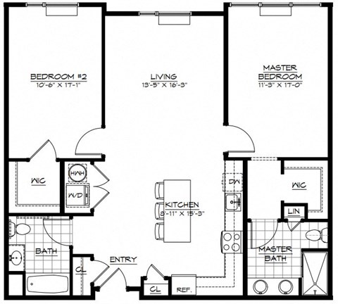 Floor plan for 2 beds, 2 baths, 1221 sqft