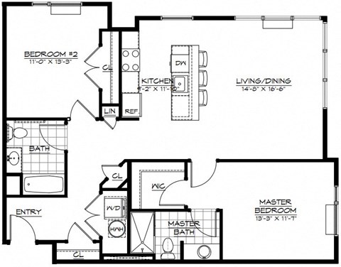 Floor plan for 2 beds, 2 baths, 1141 sqft