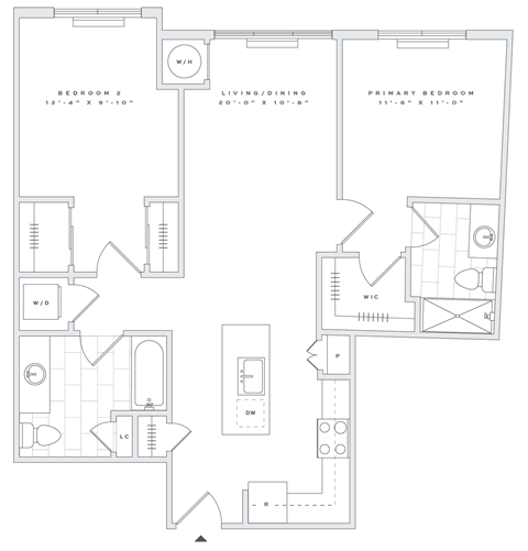 Floor plan for 2 beds, 2 baths, 1000 sqft