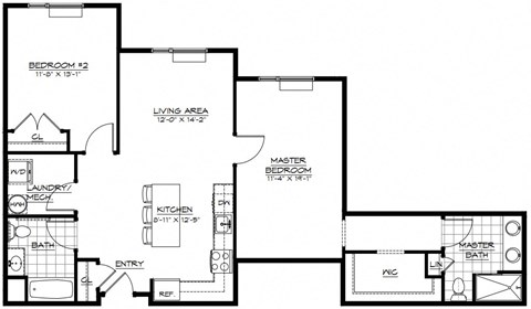 Floor plan for 2 beds, 2 baths, 1184 sqft