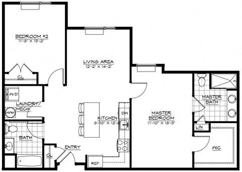 Floor plan for 2 beds, 2 baths, 1150 sqft