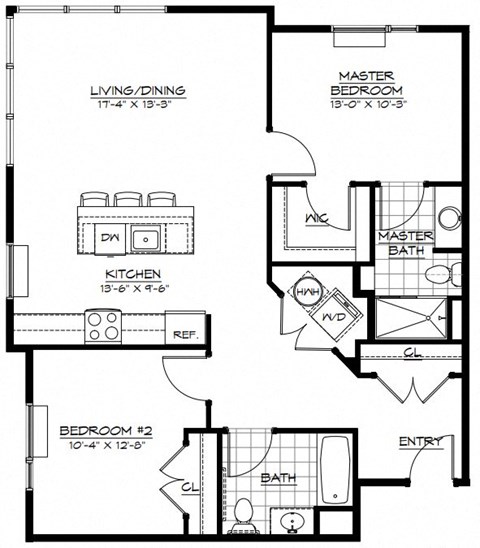 Floor plan for 2 beds, 2 baths, 1097 sqft