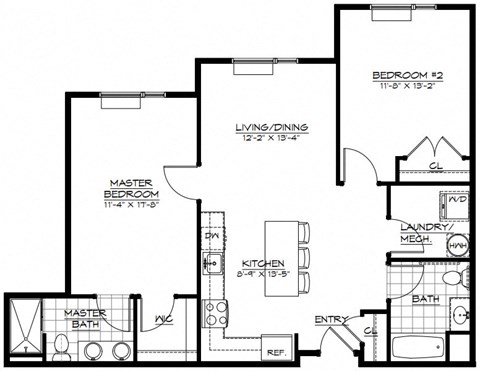 Floor plan for 2 beds, 2 baths, 1013 sqft