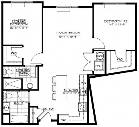Floor plan for 2 beds, 2 baths, 1060 sqft