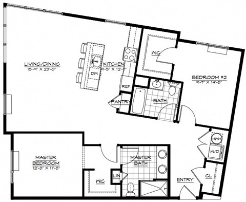 Floor plan for 2 beds, 2 baths, 1334 sqft