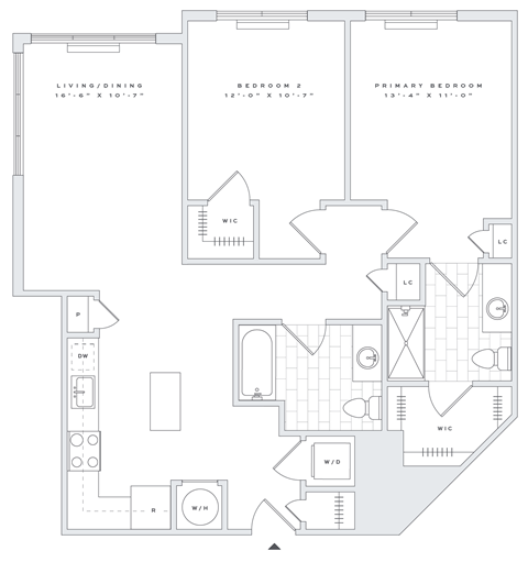 Floor plan for 2 beds, 2 baths, 1079 sqft