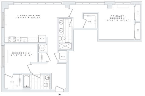 Floor plan for 2 beds, 2 baths, 1262 sqft