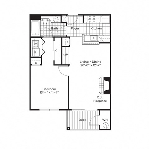 Floor plan for 1 bed, 1 bath, 730 sqft