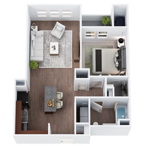 Floor plan for 1 bed, 1 bath, 709 sqft