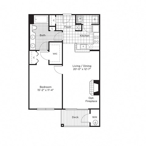 Floor plan for 1 bed, 1 bath, 831 sqft