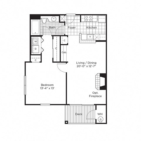 Floor plan for 1 bed, 1 bath, 752 sqft