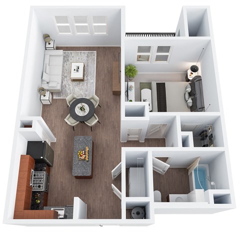 Floor plan for 1 bed, 1 bath, 765 sqft