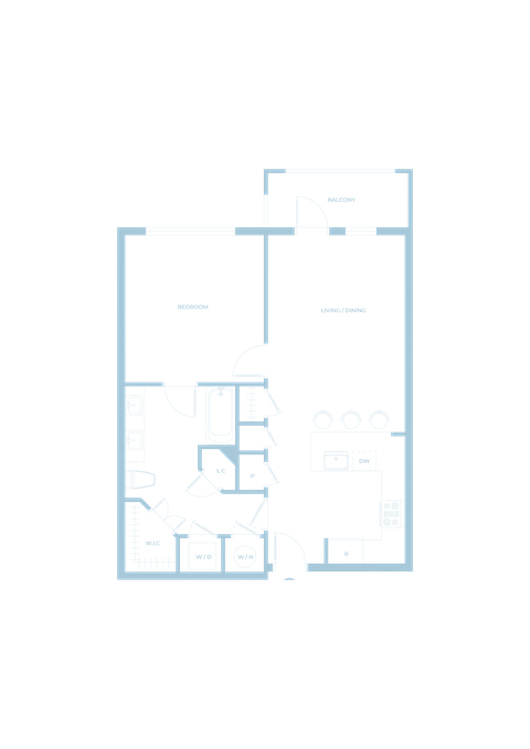 Floor plan for 1 bed, 1 bath, 750 sqft