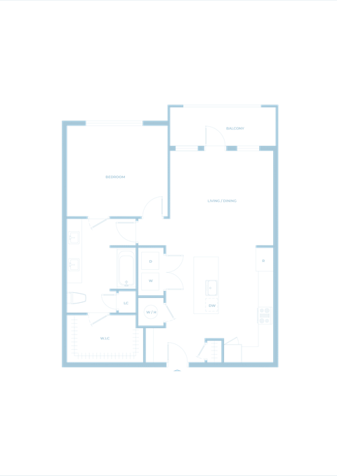 Floor plan for 1 bed, 1 bath, 804 sqft