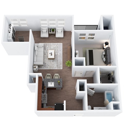 Floor plan for 1 bed, 1 bath, 845 sqft