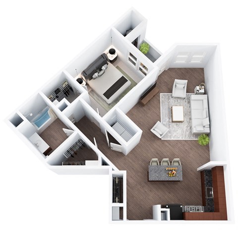 Floor plan for 1 bed, 1 bath, 890 sqft