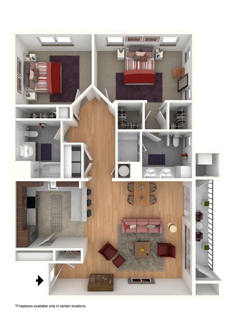 Floor plan for 2 beds, 2 baths, 1349 sqft